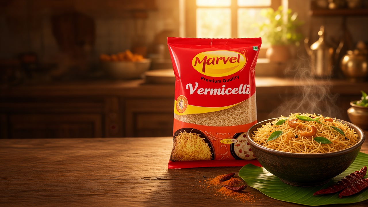 Marvel Vermicelli pack with golden vermicelli upma